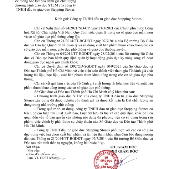 KẾT QUẢ ĐÁNH GIÁ CHẤT LƯỢNG CHƯƠNG TRÌNH STEM