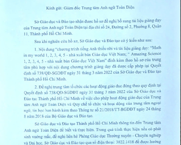 GIẤY PHÉP CHO PHÉP GIẢNG DẠY TIẾNG ANH TOÁN KHOA